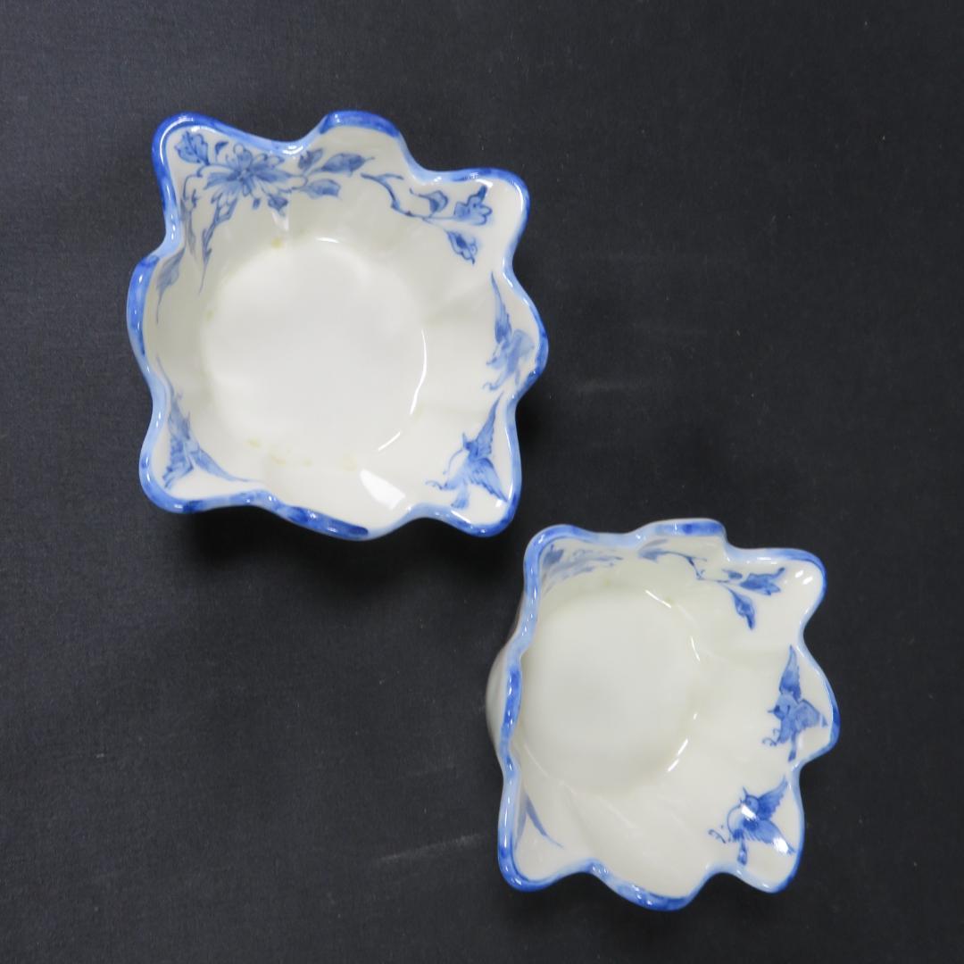 向付 豆皿 2セット 染付 花鳥文 変形 花形 変り物 禎山造 在銘