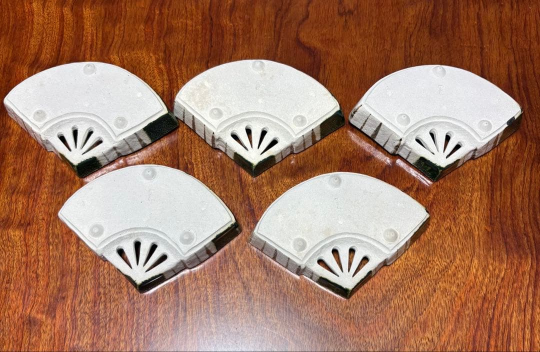 美濃焼_織部_扇面_向付_5客セット_3点足付き_村瀬甲ニ作　_茶道具/懐石道具