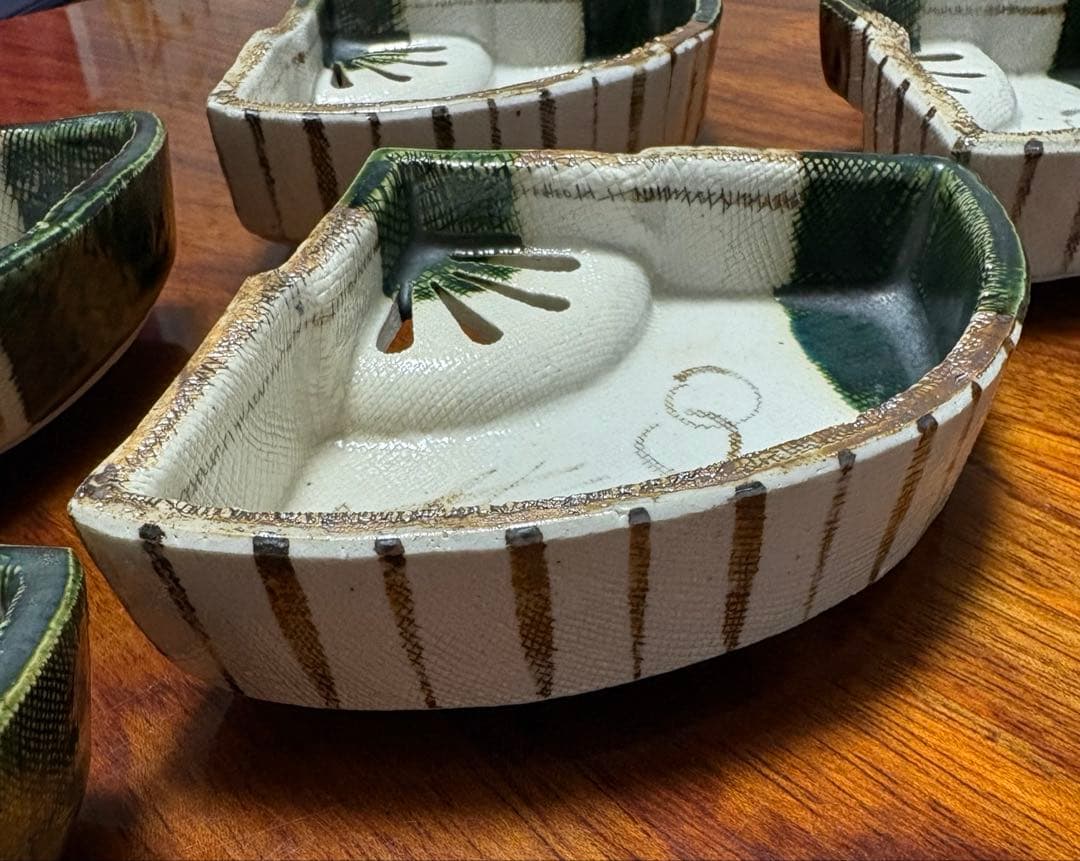 美濃焼_織部_扇面_向付_5客セット_3点足付き_村瀬甲ニ作　_茶道具/懐石道具