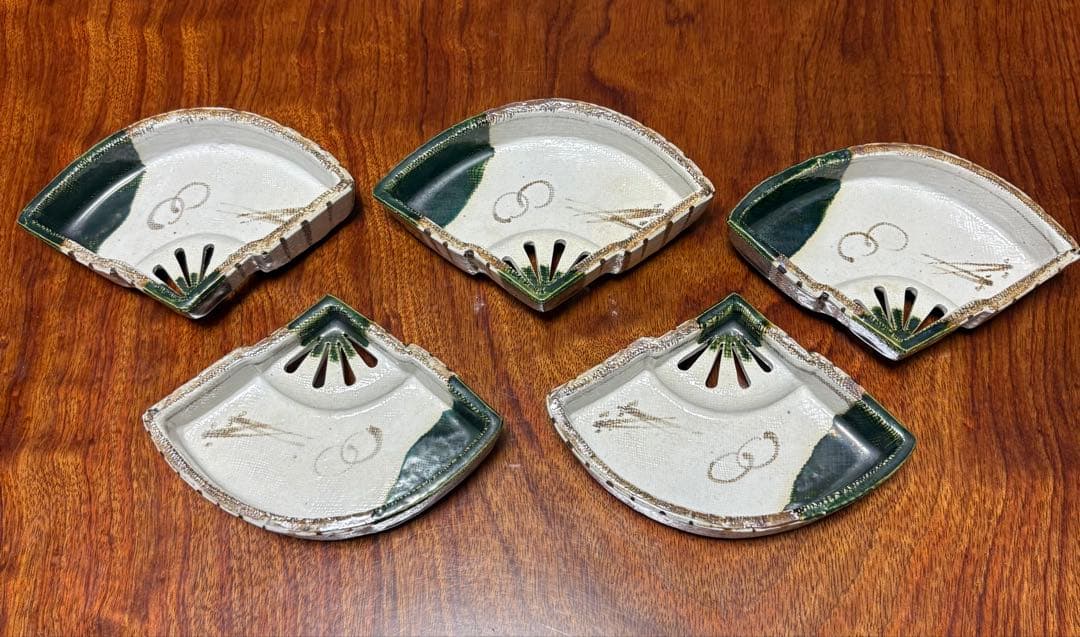 美濃焼_織部_扇面_向付_5客セット_3点足付き_村瀬甲ニ作　_茶道具/懐石道具