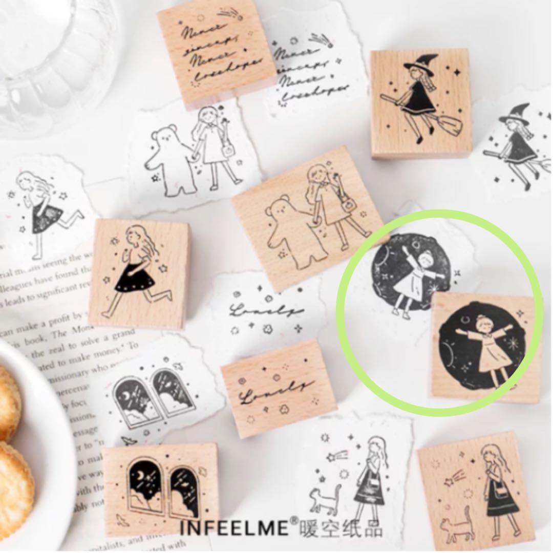 *78*【新品・未使用】海外雑貨✩女の子 宇宙 ガーリー スタンプ はんこ 木製