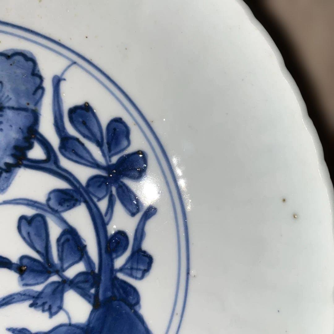 古染付　鳥草花文　7寸皿　明末清初期