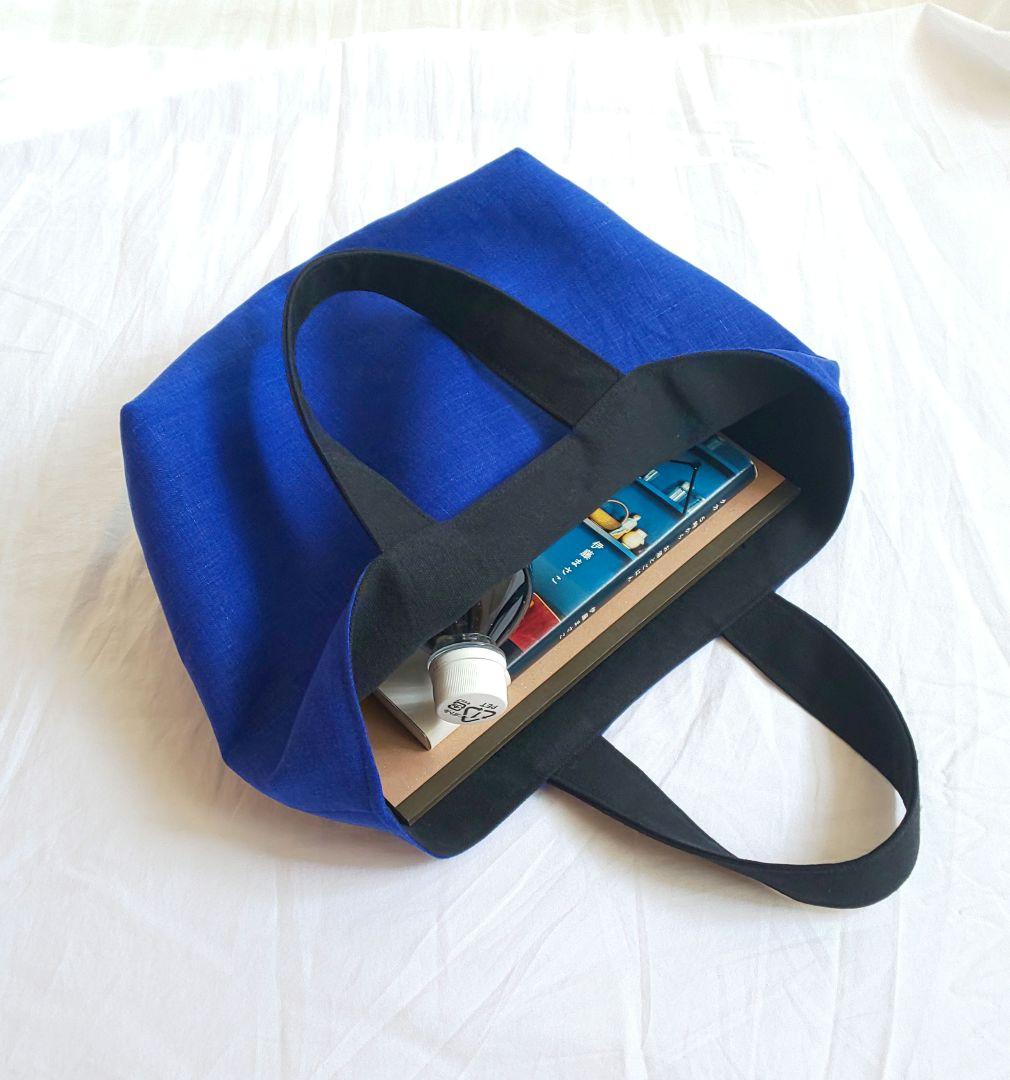 モモタロウ様 ブラック麻と帆布肩掛けトート・ロイヤルブルーミニトート