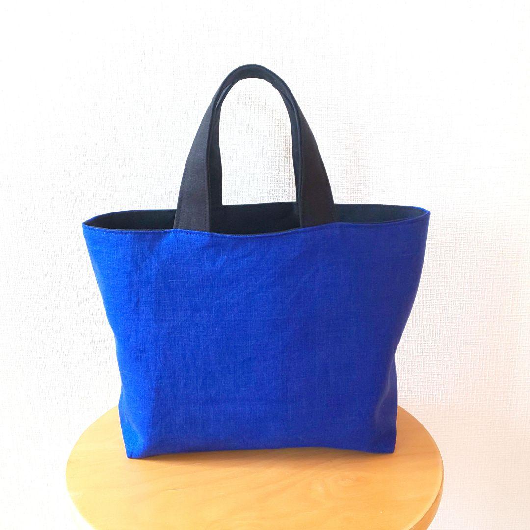 モモタロウ様 ブラック麻と帆布肩掛けトート・ロイヤルブルーミニトート