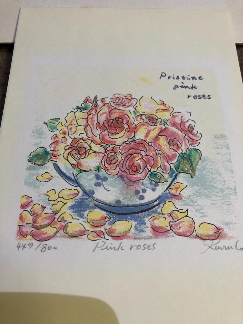 塗谷薫子作　PINK　ROSES　リトグラフ　サイン　COA-0560E　額装品
