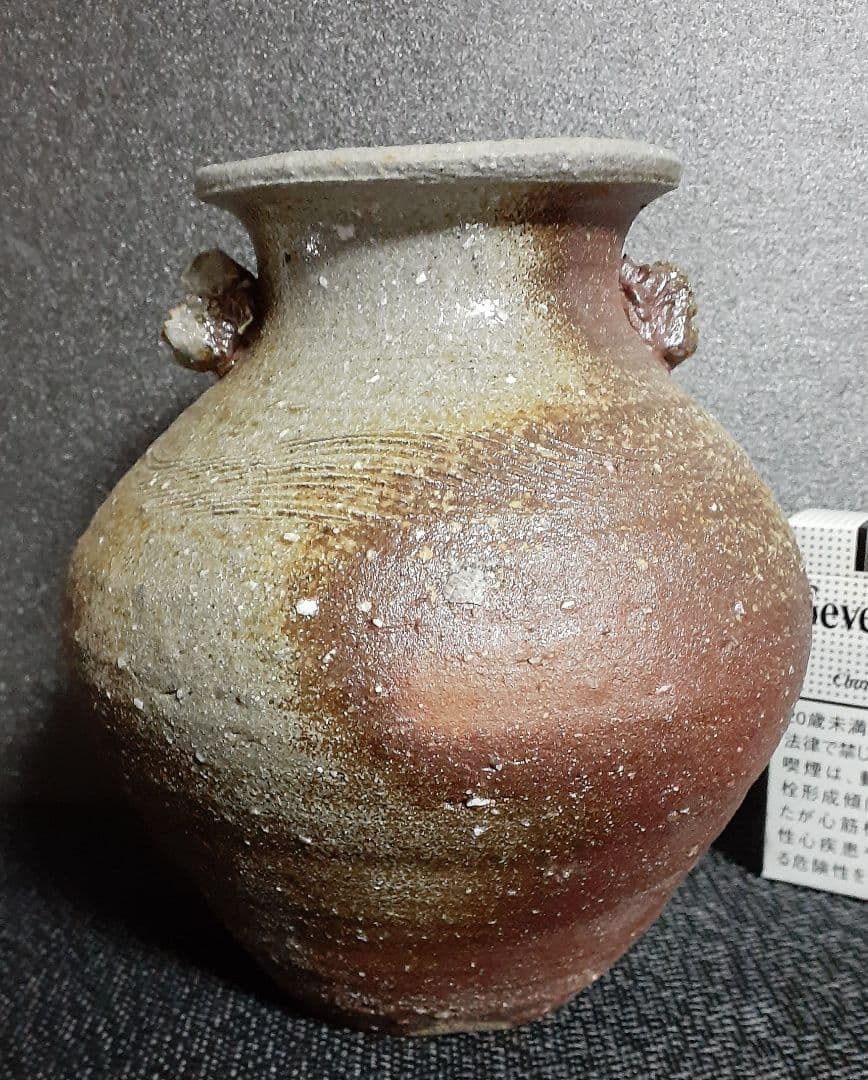 常滑焼　【竹内嘉彦】造　南蛮手　櫛目　双耳壺　共箱　共布　陶歴付　茶道具　茶器