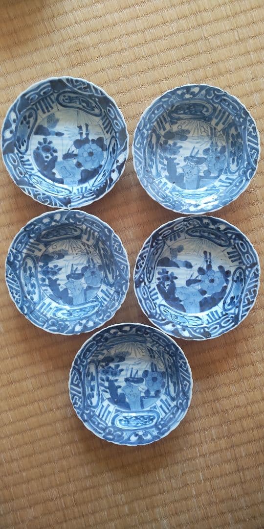 古染付　古伊万里　王地山焼　江戸時代　深皿5枚　完品　骨董　アンティーク