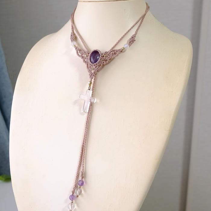 アメジスト・クロス水晶・ムーンストーン　マクラメ編みチョーカーネックレス3835