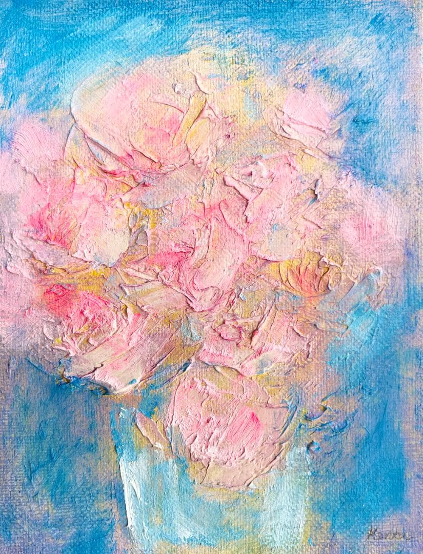 【額付き】ピンクの花　静物画 油絵 原画 0号 インテリア