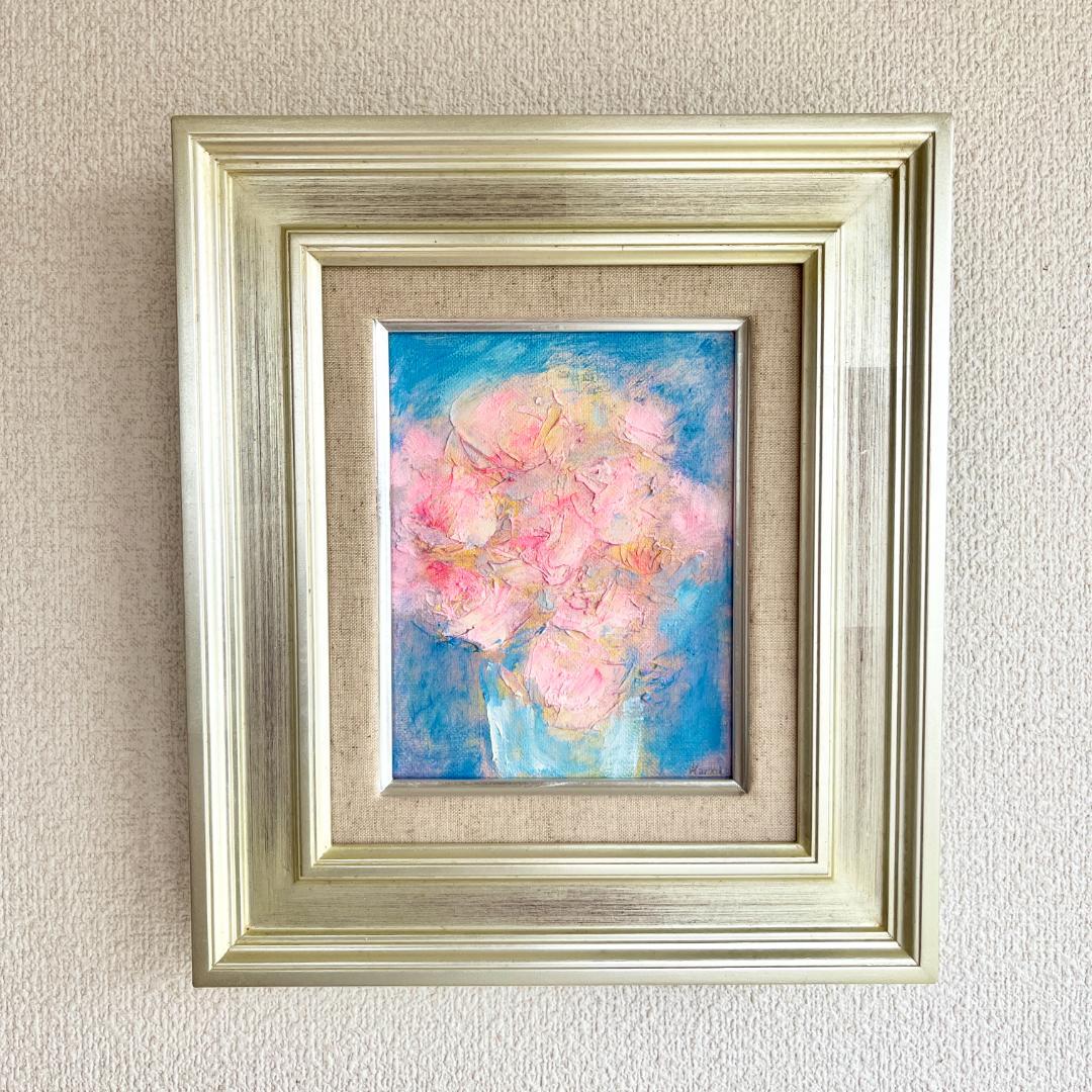 【額付き】ピンクの花　静物画 油絵 原画 0号 インテリア