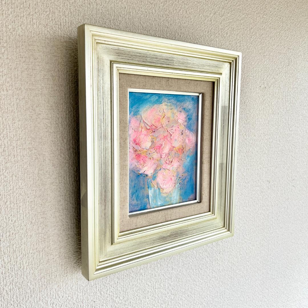 【額付き】ピンクの花　静物画 油絵 原画 0号 インテリア