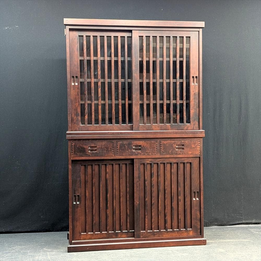 美品　和光　樺 カバ材　水屋箪笥　食器棚　キャビネット　格子　引戸　蟻組　焼印