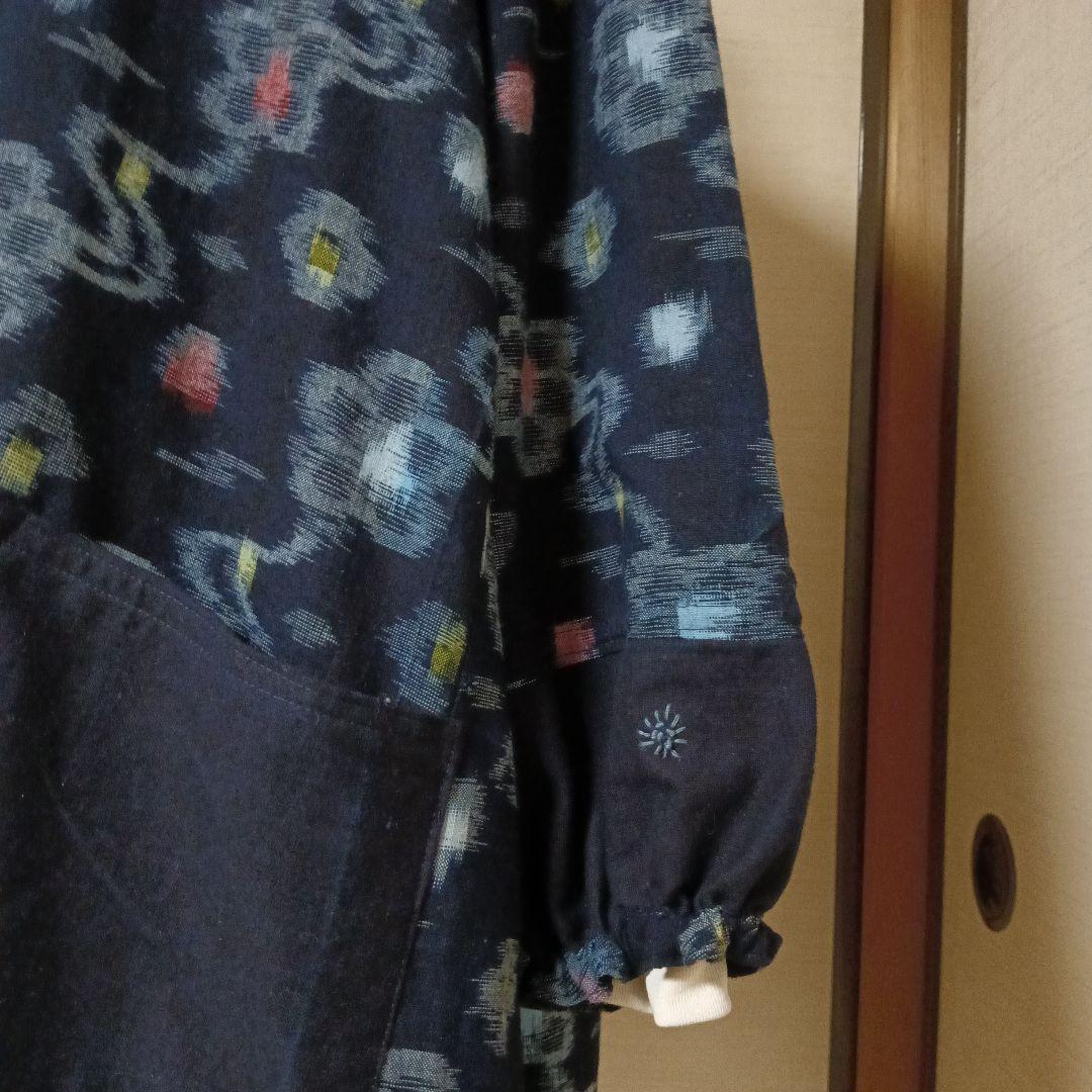 古布　割烹　エプロン　藍染　花絣 リメイク