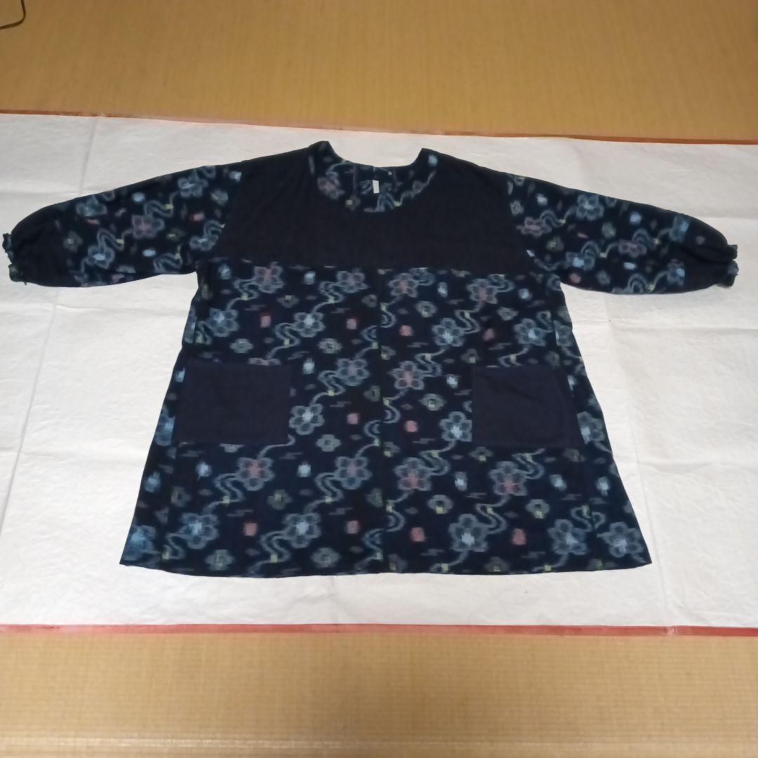古布　割烹　エプロン　藍染　花絣 リメイク