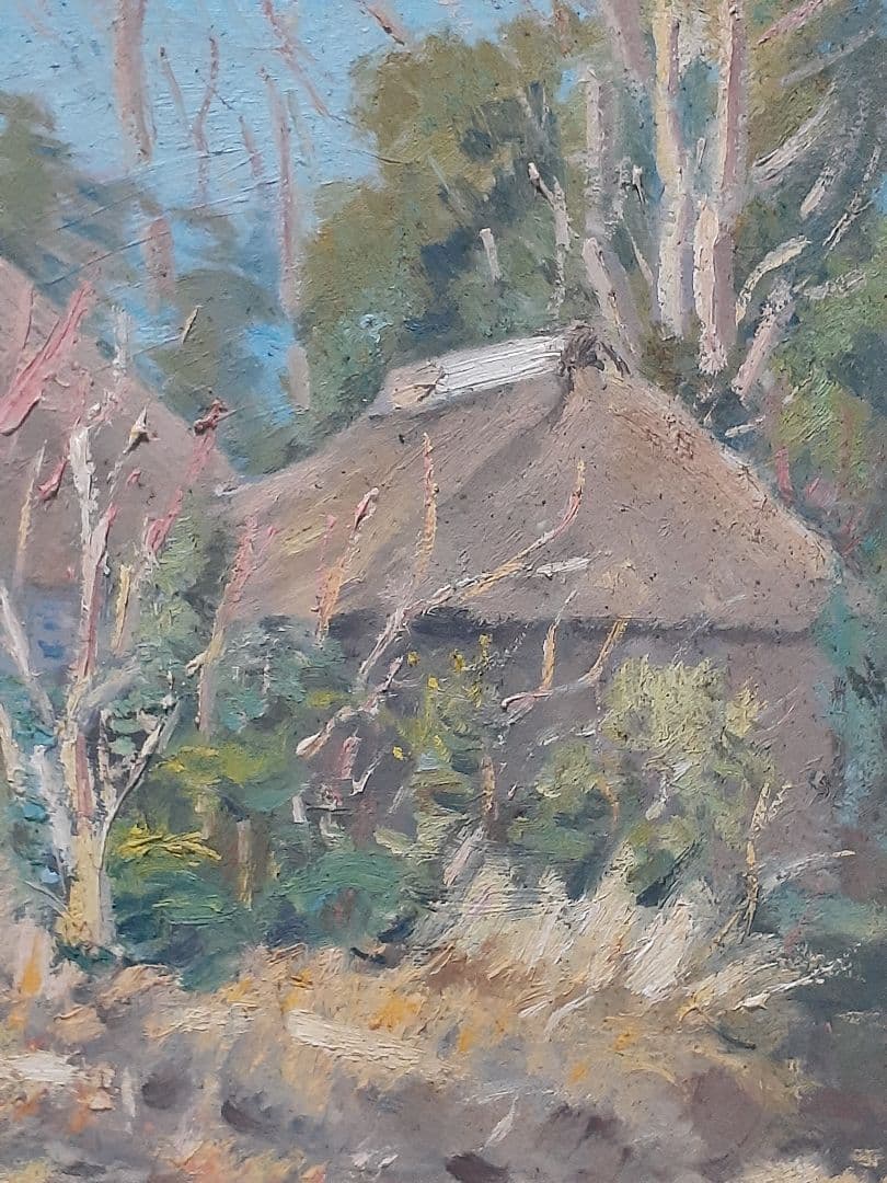 古い絵画 石井三郎作「厳冬好晴」油彩画 F6号 古民家 景色
