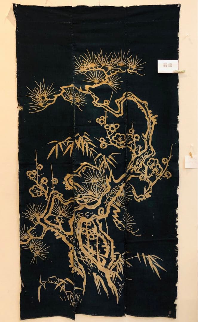 藍染筒描き三巾加賀のれん時代物木綿古布　ソ-182