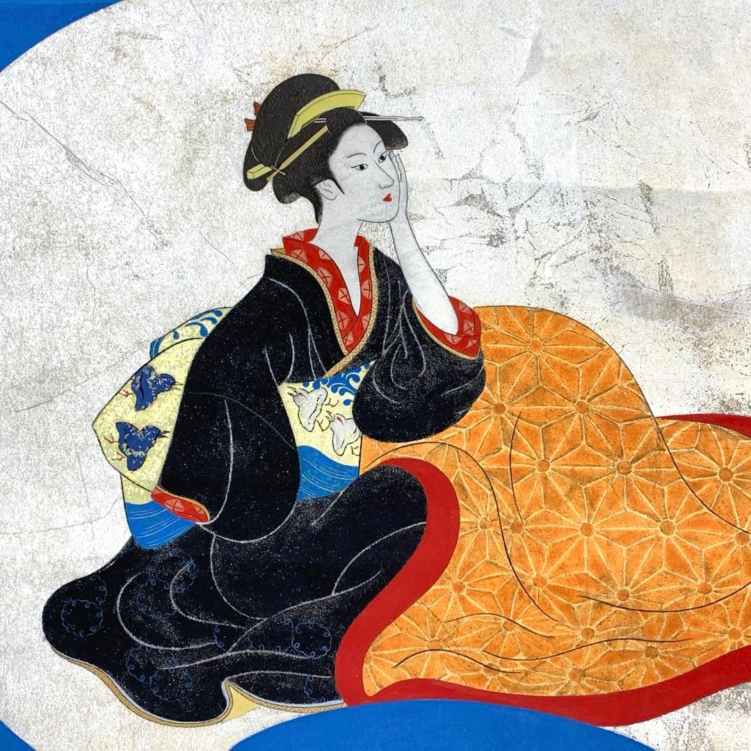 掛軸 森緑翠 美人画 共箱 二重箱仕立て 青 銀 千鳥 炬燵 冬