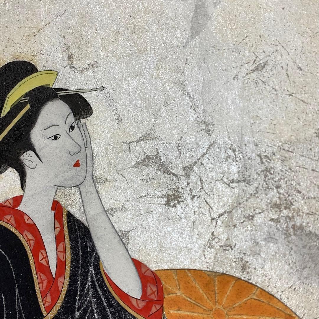 掛軸 森緑翠 美人画 共箱 二重箱仕立て 青 銀 千鳥 炬燵 冬