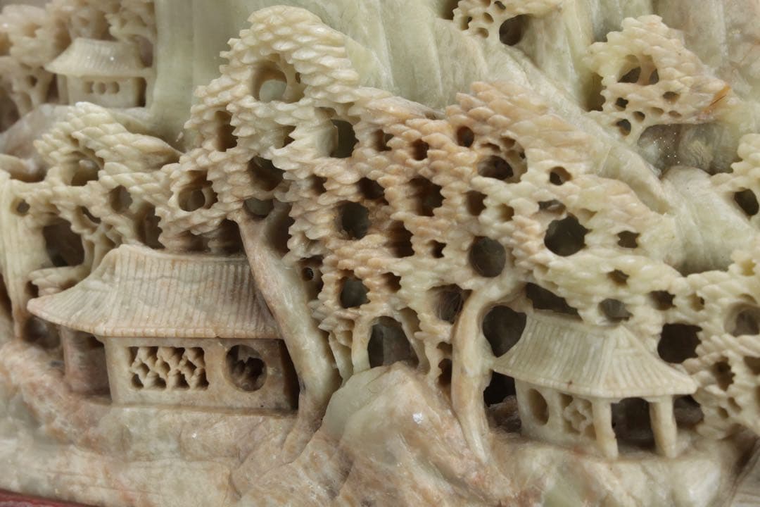 中国古美術 天然玉石 楼閣山水彫刻 置物 大型41cm 重量4kg 石彫刻 唐物
