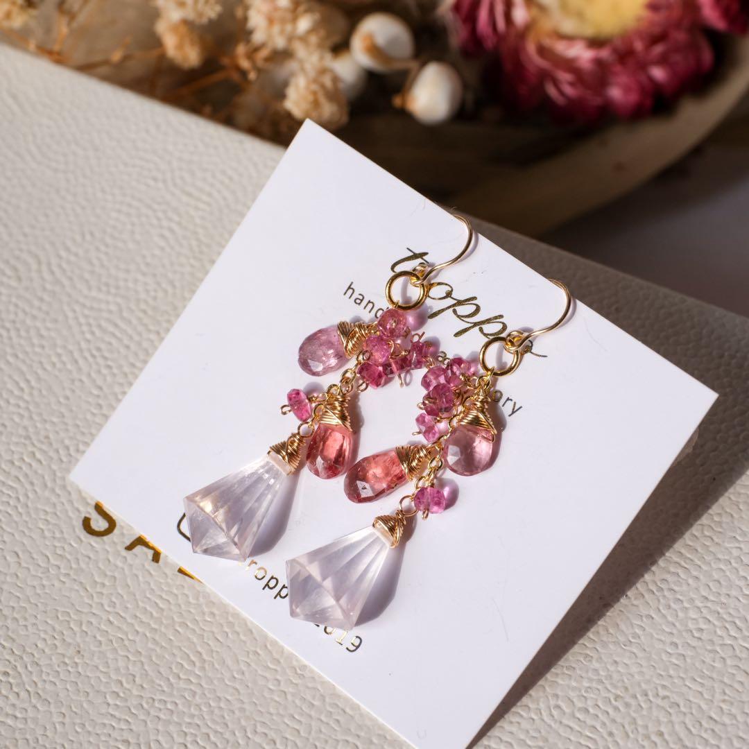 14kgfローズクォーツシャンデリアカットピアス/イヤリング
