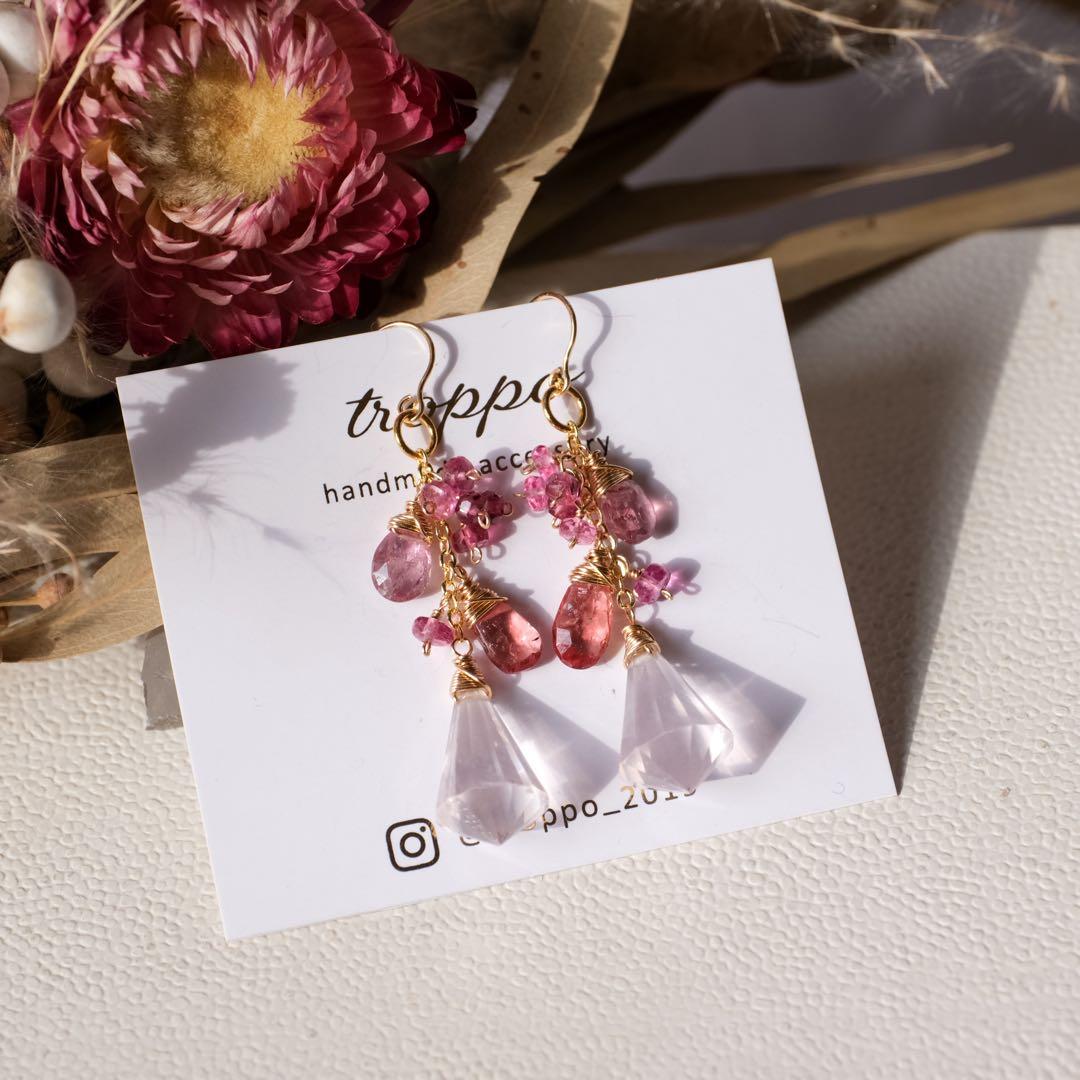 14kgfローズクォーツシャンデリアカットピアス/イヤリング
