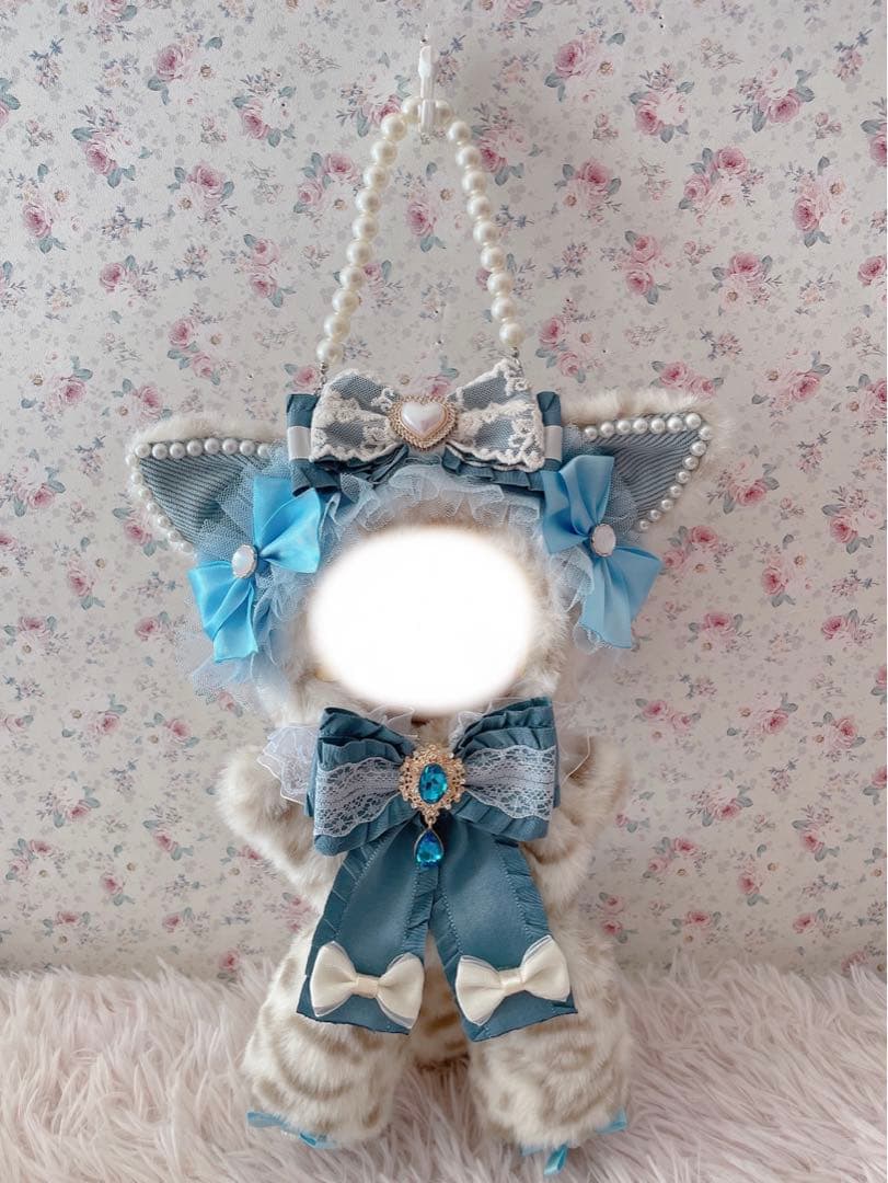 ♡お座り１６ｃｍぬい服♡猫の着ぐるみ♡ゆめかわおすわりぬいぐるみ♡ヒョウ柄水色