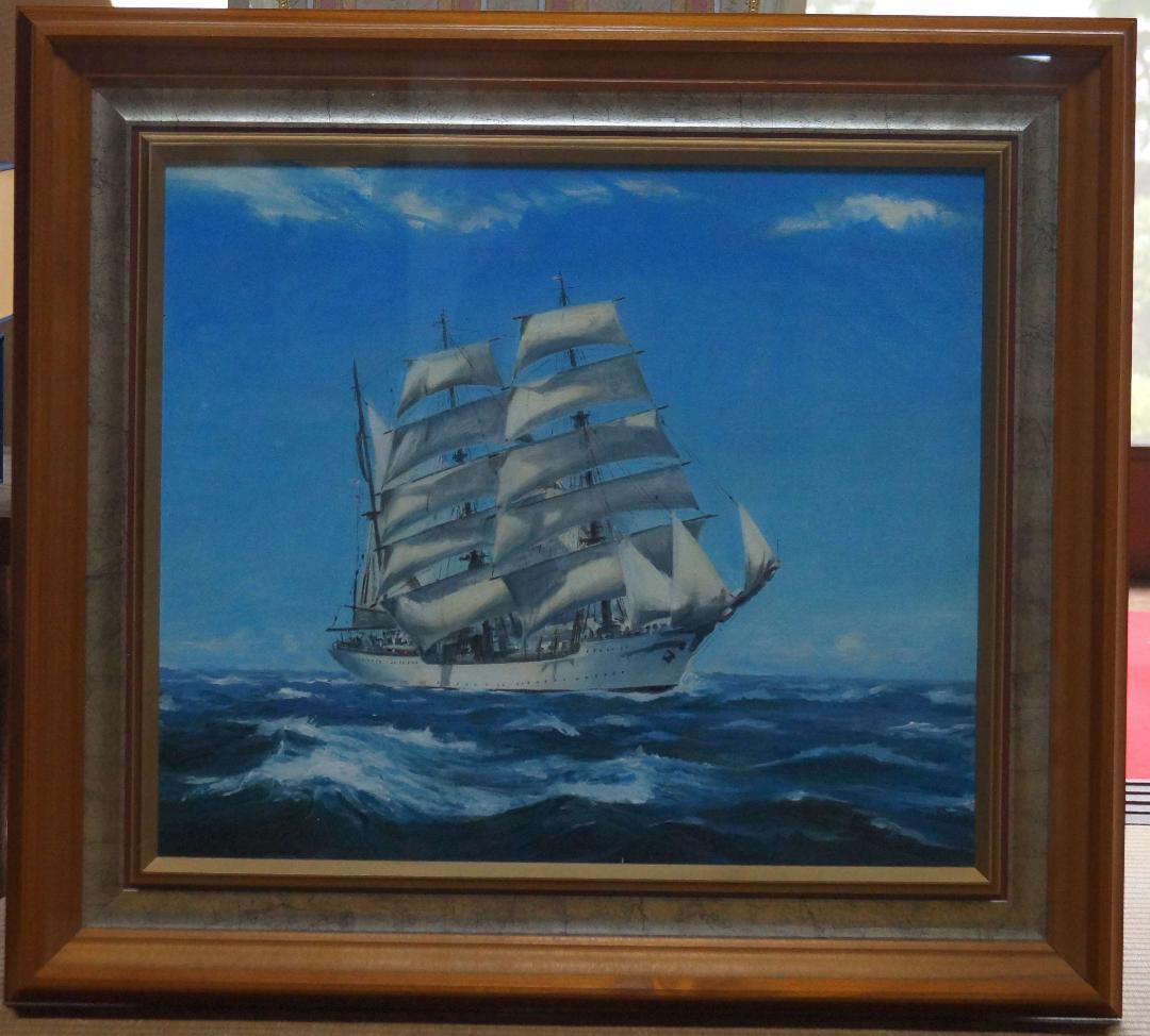 額装入1981年油彩画 大型油絵『順風満帆』F20肉筆 海洋風景画 作者サイン入