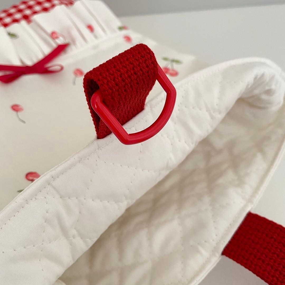 入園・入学　さくらんぼ柄赤チェック　レッスンバック、上履き入れ、着替え袋、給食袋