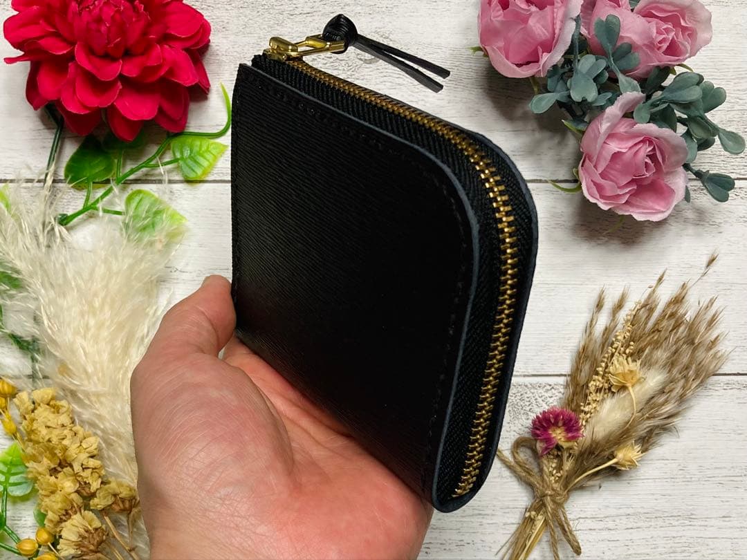 ❤【新色♪】【シンプルで便利♪】大人可愛い総本革Ｌ字ファスナーミニ財布 黒水シボ