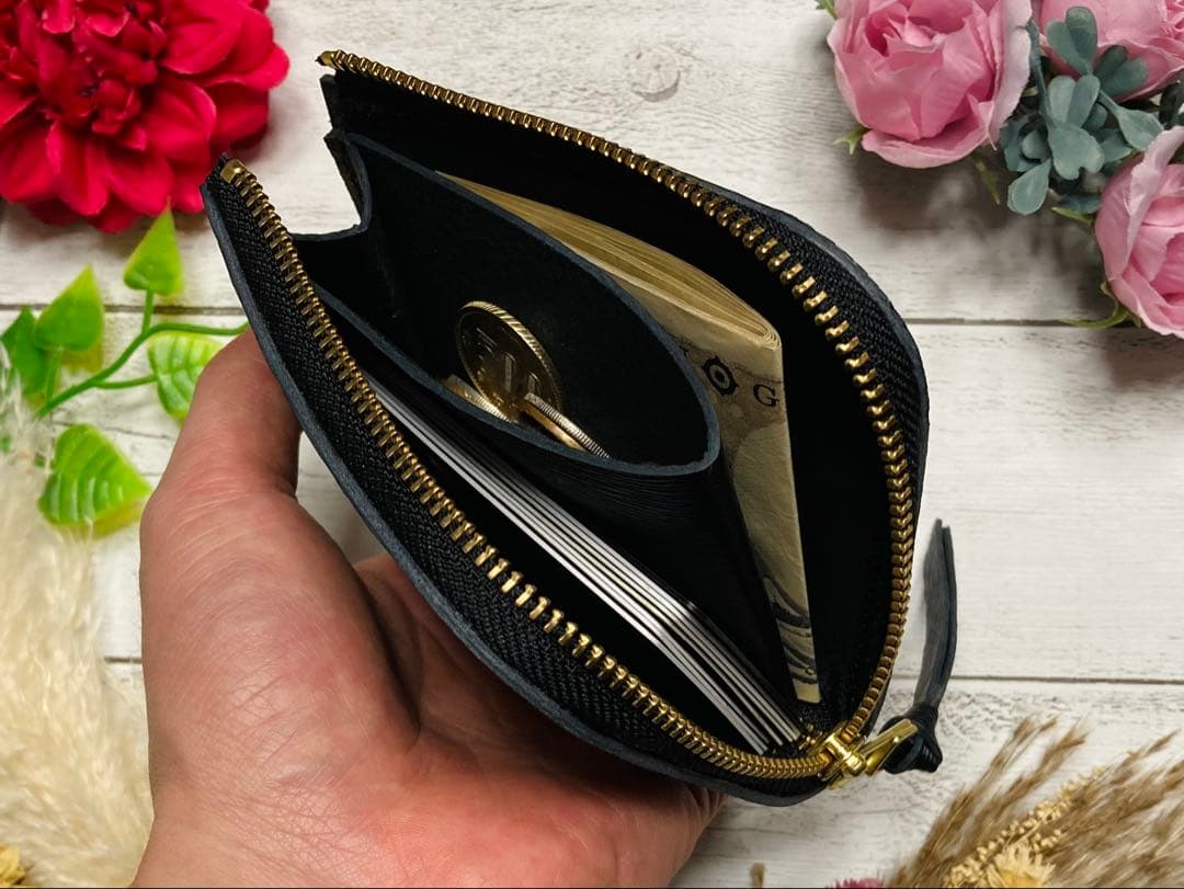 ❤【新色♪】【シンプルで便利♪】大人可愛い総本革Ｌ字ファスナーミニ財布 黒水シボ