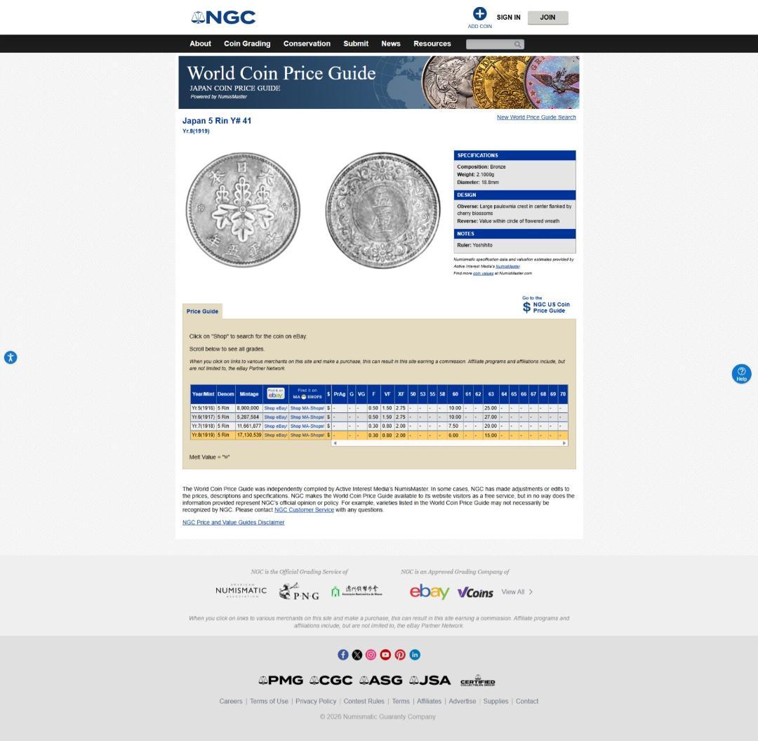 世界最高鑑定　Toppop 極美　NGC-64BN　大正8（1919）　五厘銅貨