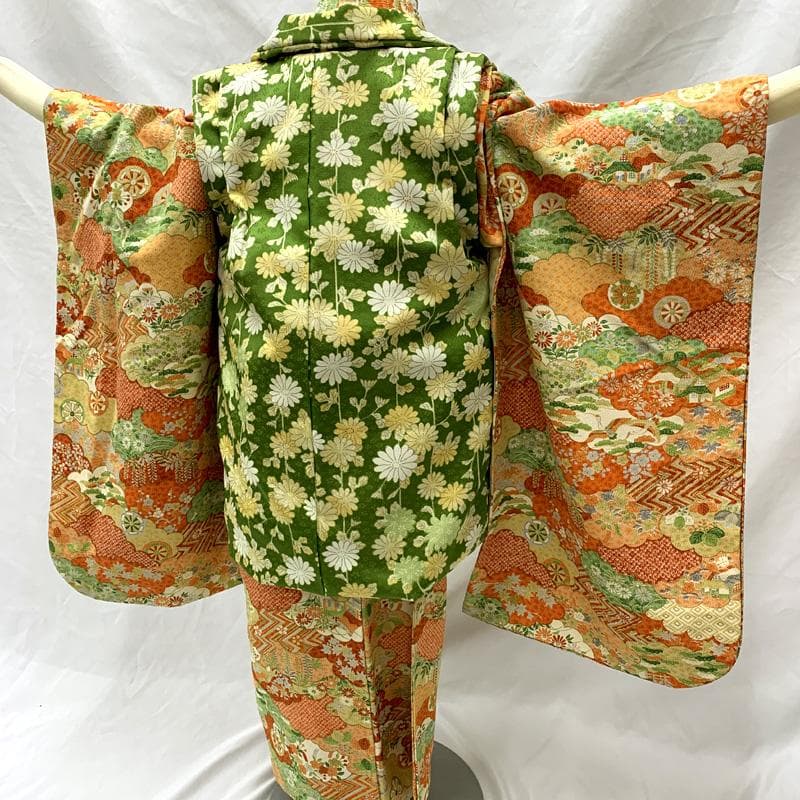 509ag42□七五三 三歳 セミアンティーク 女児 着物&被布 総柄□状態良好
