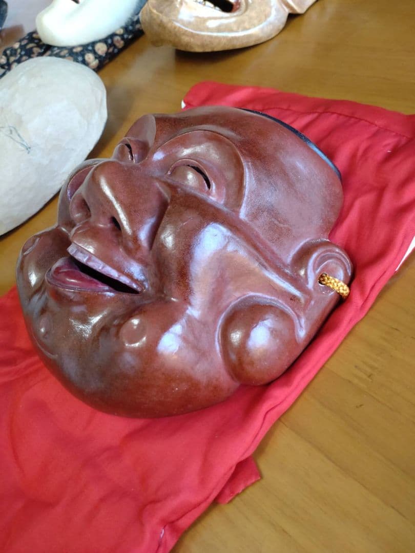 【値下げ】能面　神の面大黒、木彫り檜無垢材豊穣財福の福の神、作風と奥深さに魅了