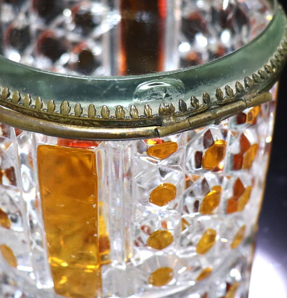 オールド・バカラ 上級作品 琥珀色被せ 蓋物 ダイヤモンドカット 菓子入れ