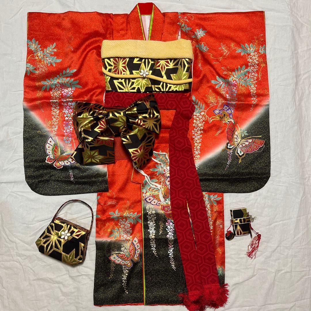七五三　7歳　作り帯　正絹　赤　黒　蝶　アンティーク　フルセット 赤黒 金彩