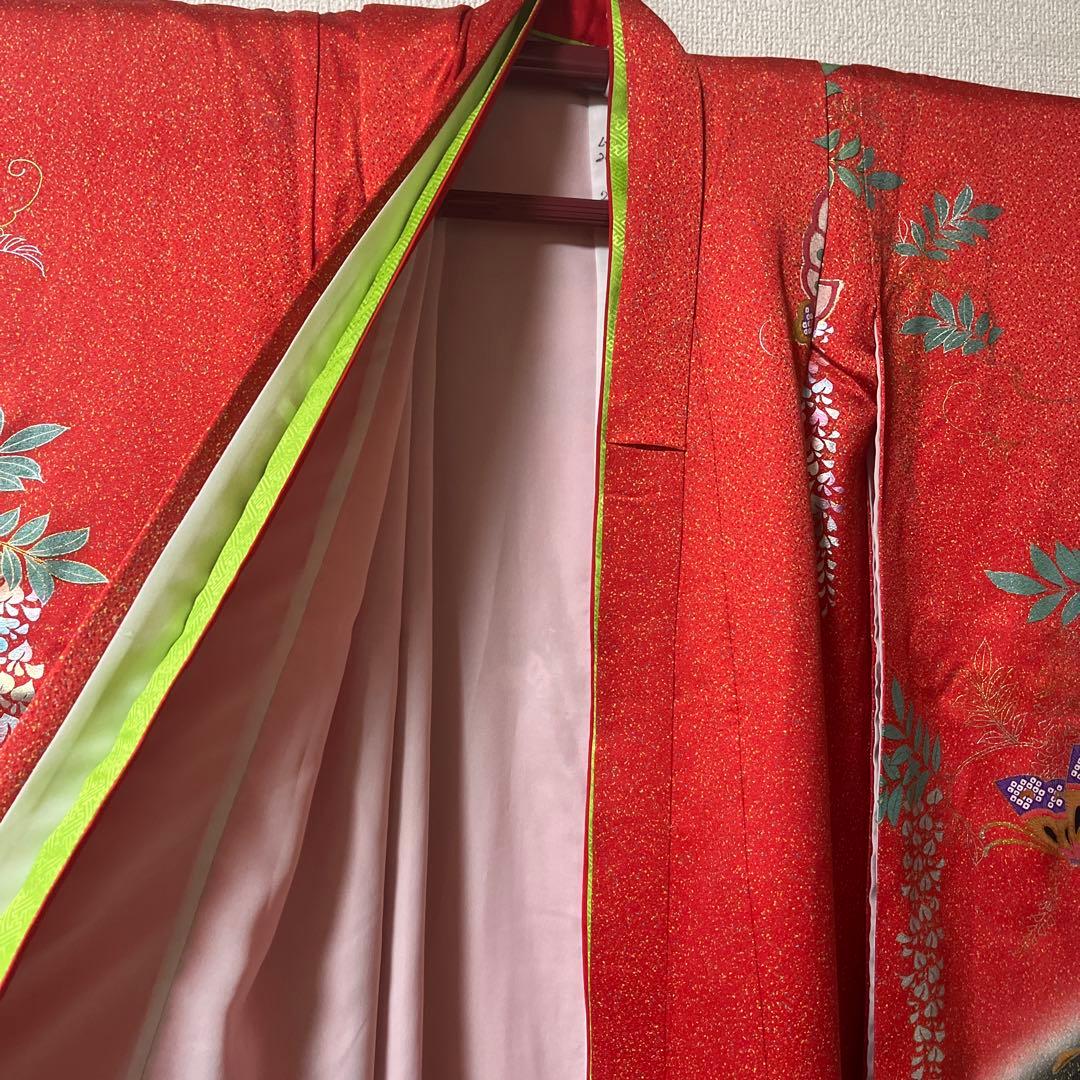 七五三　7歳　作り帯　正絹　赤　黒　蝶　アンティーク　フルセット 赤黒 金彩