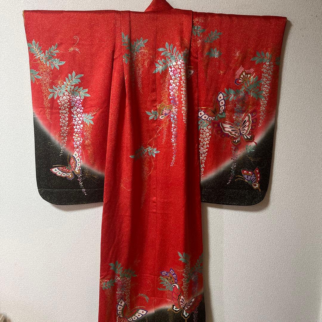 七五三　7歳　作り帯　正絹　赤　黒　蝶　アンティーク　フルセット 赤黒 金彩