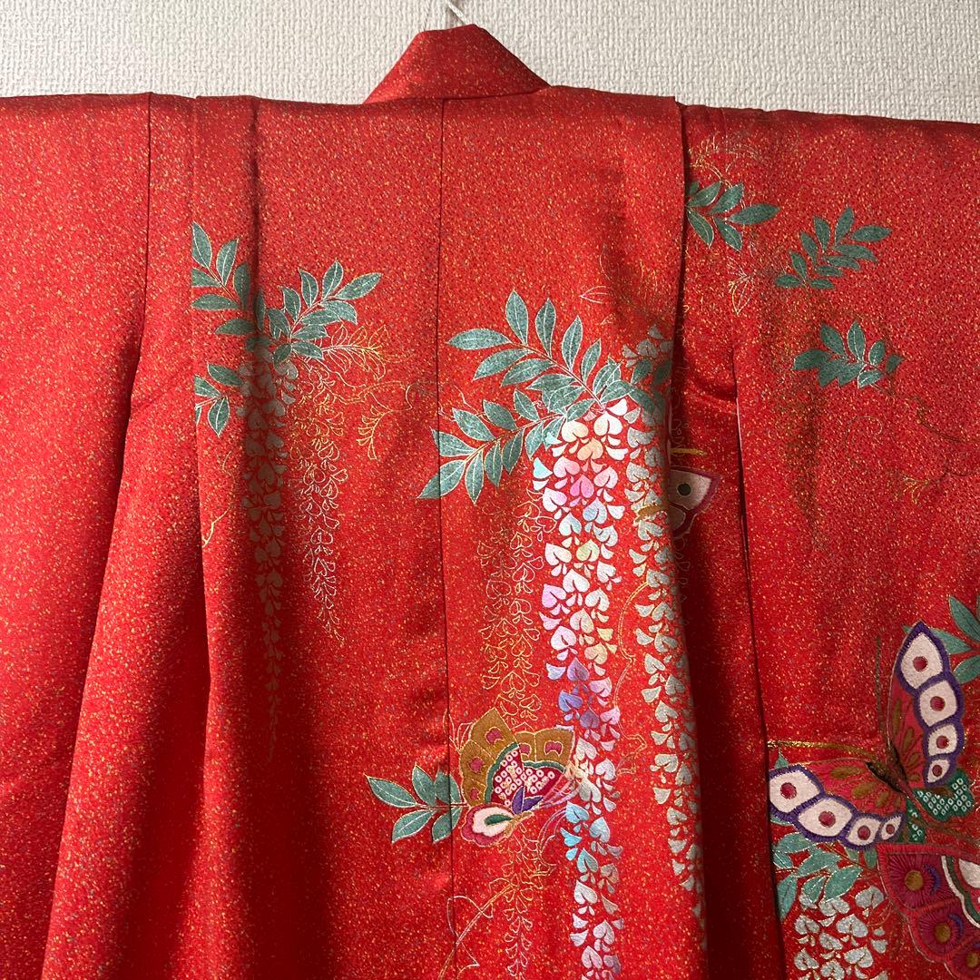 七五三　7歳　作り帯　正絹　赤　黒　蝶　アンティーク　フルセット 赤黒 金彩