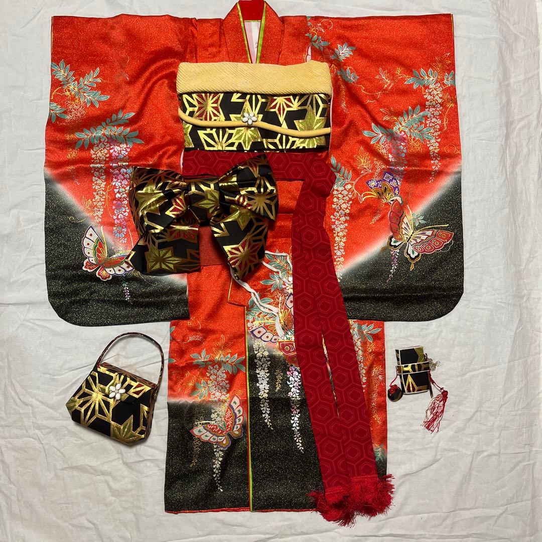 七五三　7歳　作り帯　正絹　赤　黒　蝶　アンティーク　フルセット 赤黒 金彩