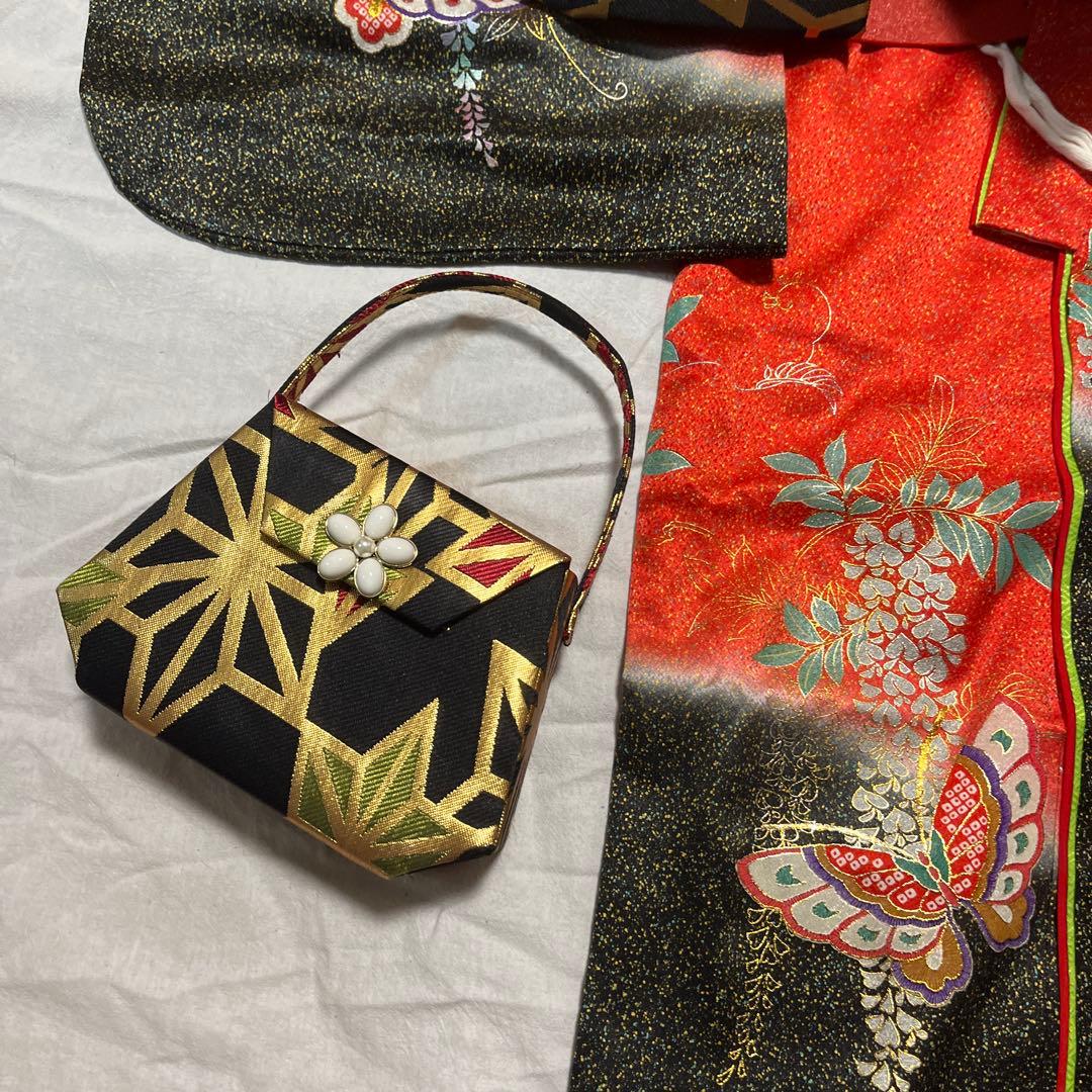 七五三　7歳　作り帯　正絹　赤　黒　蝶　アンティーク　フルセット 赤黒 金彩