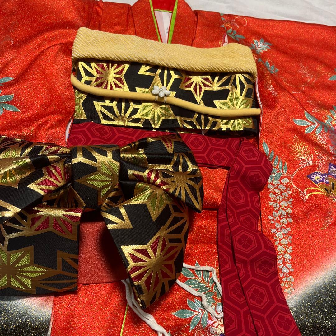 七五三　7歳　作り帯　正絹　赤　黒　蝶　アンティーク　フルセット 赤黒 金彩