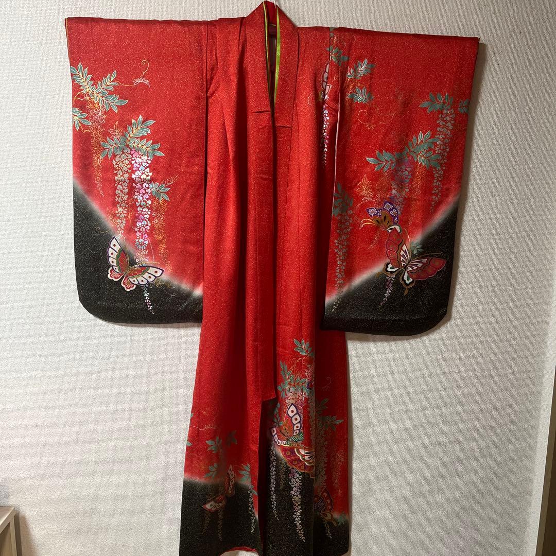 七五三　7歳　作り帯　正絹　赤　黒　蝶　アンティーク　フルセット 赤黒 金彩