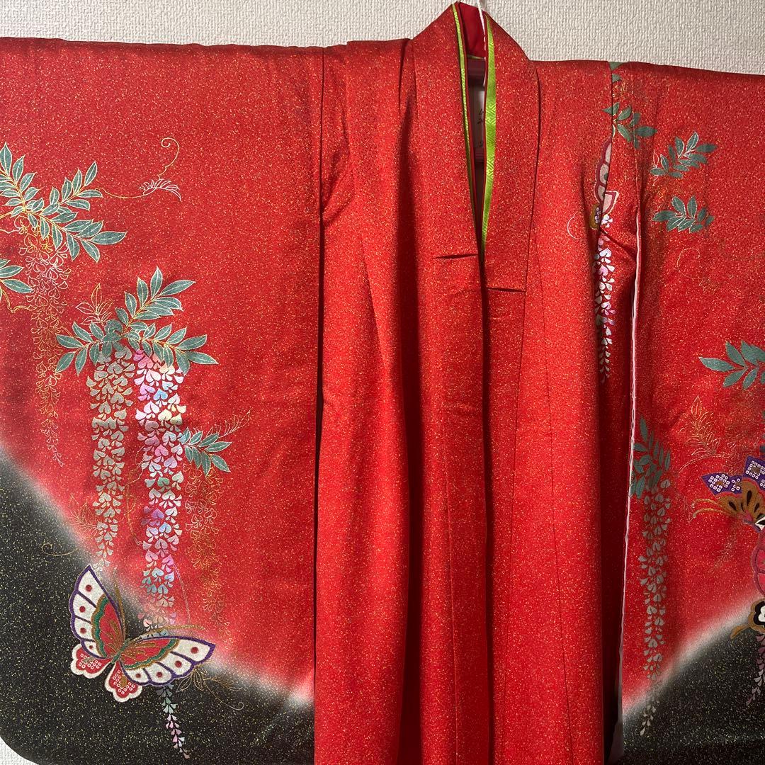 七五三　7歳　作り帯　正絹　赤　黒　蝶　アンティーク　フルセット 赤黒 金彩