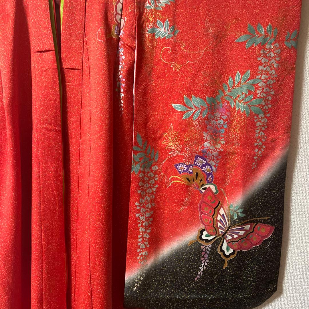 七五三　7歳　作り帯　正絹　赤　黒　蝶　アンティーク　フルセット 赤黒 金彩