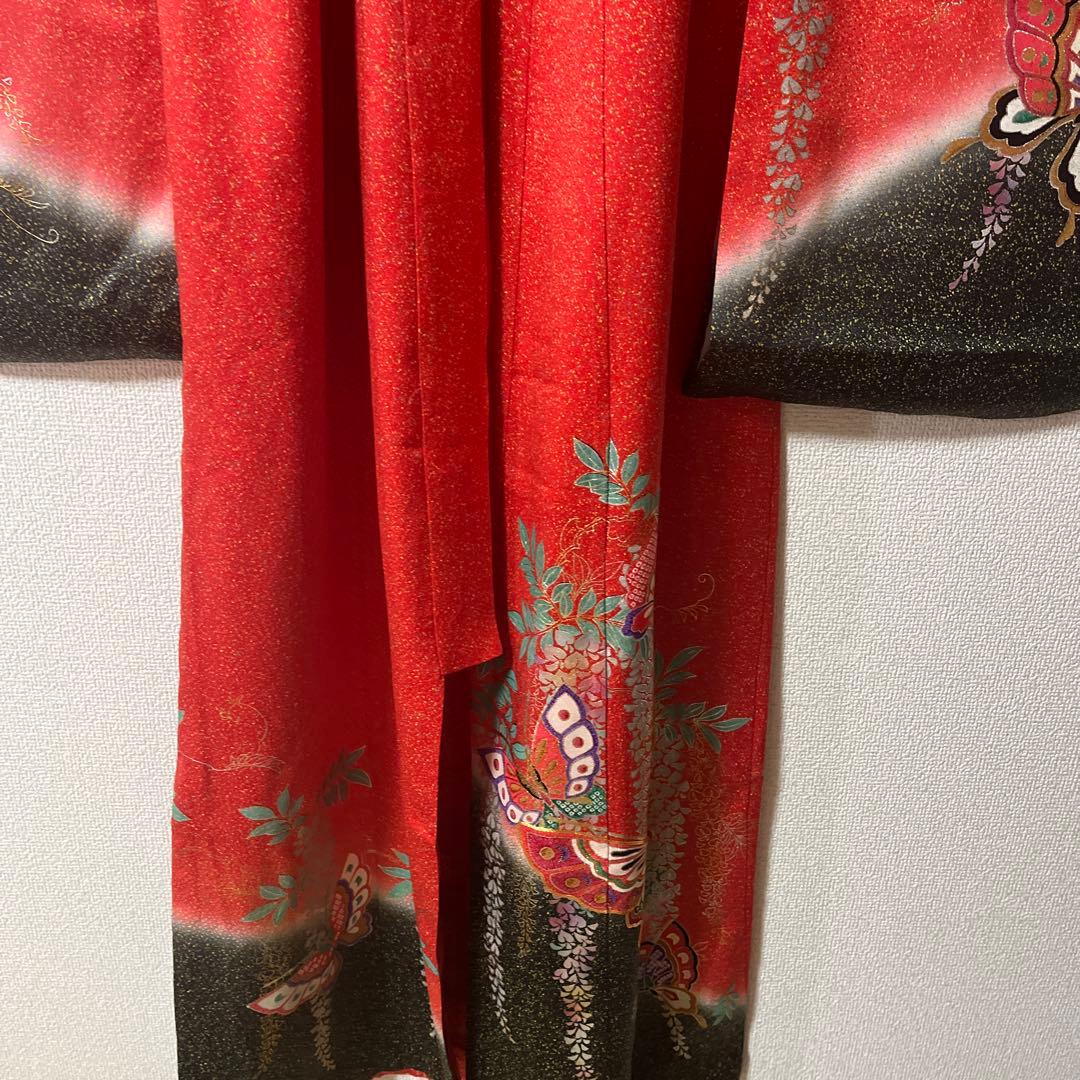 七五三　7歳　作り帯　正絹　赤　黒　蝶　アンティーク　フルセット 赤黒 金彩