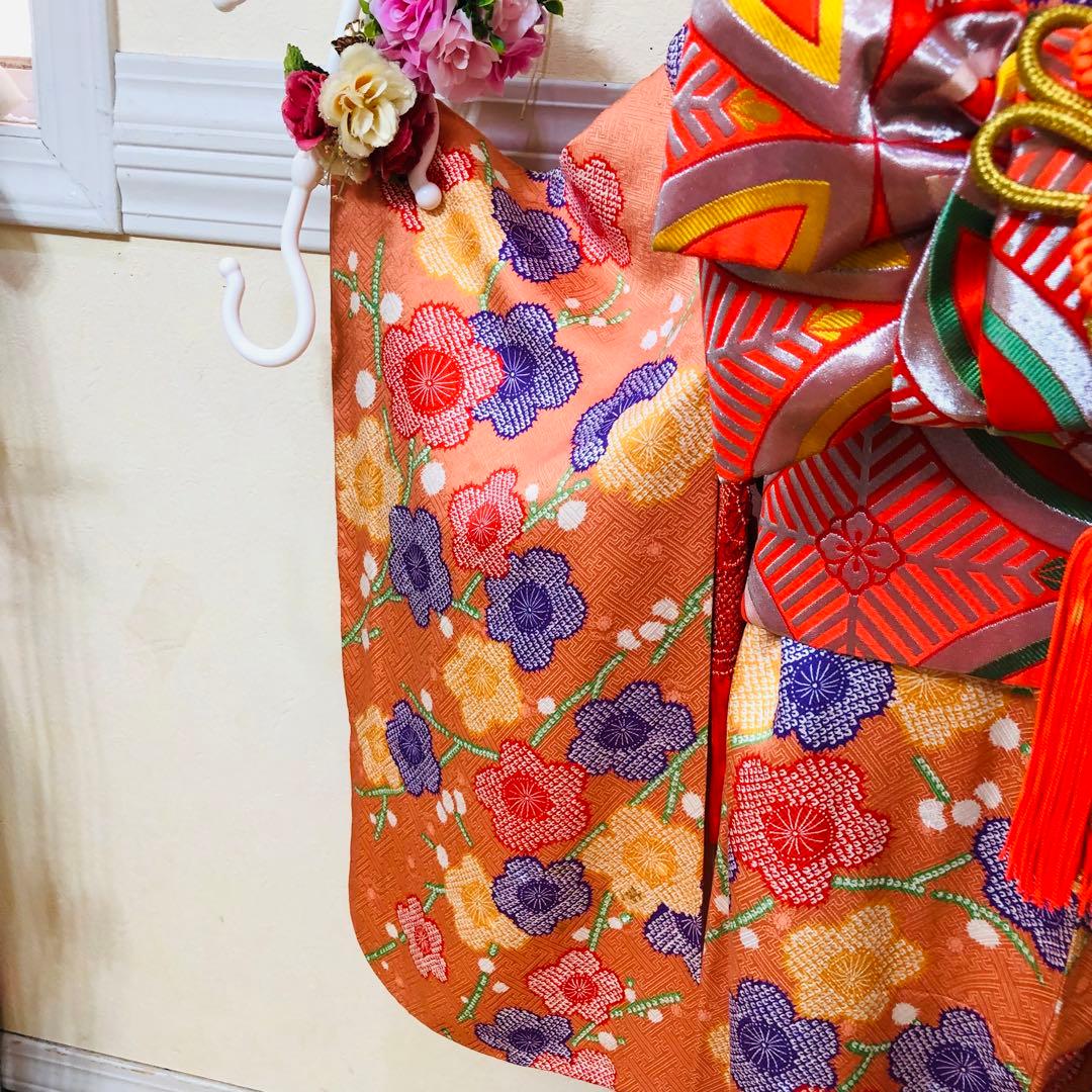 七五三豪華正絹7歳フルセット‼️可愛いオレンジ絞り柄花々煌びやか際立つ⭐︎作り帯付き