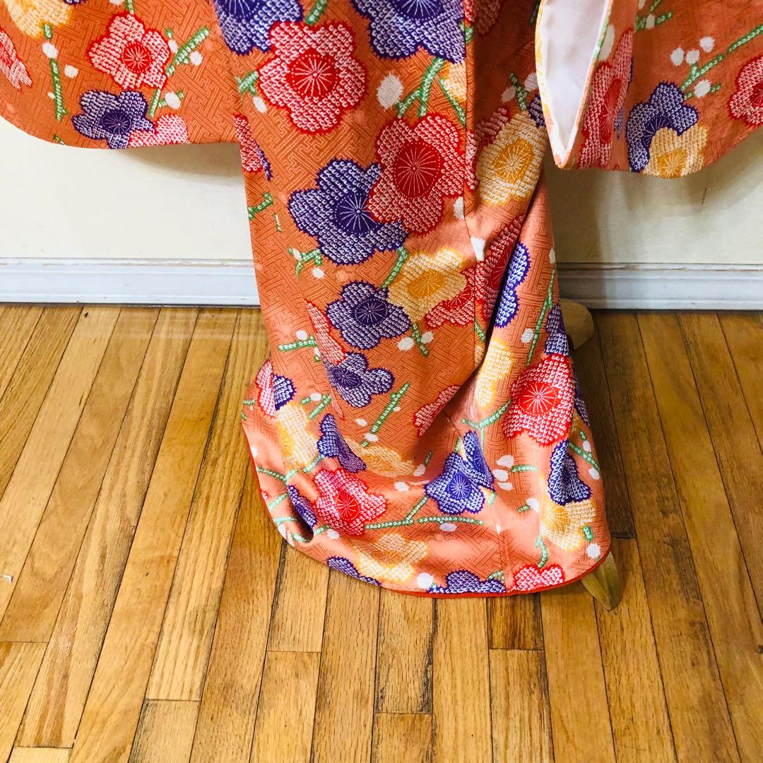 七五三豪華正絹7歳フルセット‼️可愛いオレンジ絞り柄花々煌びやか際立つ⭐︎作り帯付き