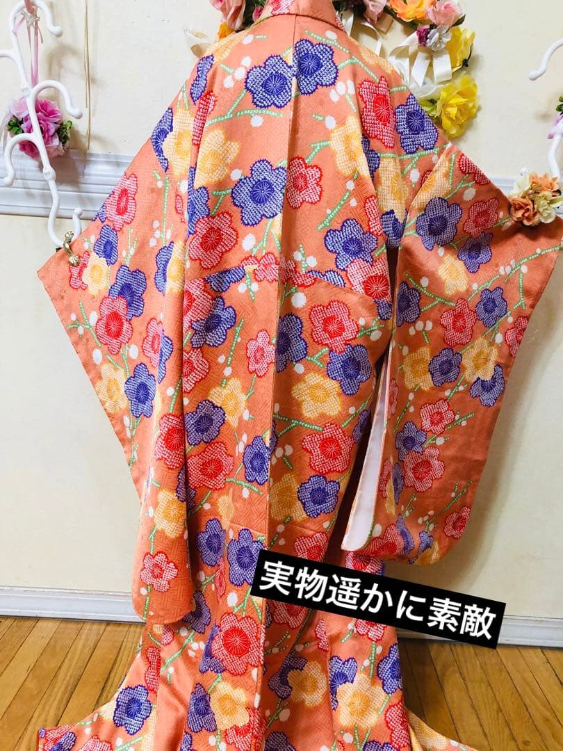 七五三豪華正絹7歳フルセット‼️可愛いオレンジ絞り柄花々煌びやか際立つ⭐︎作り帯付き
