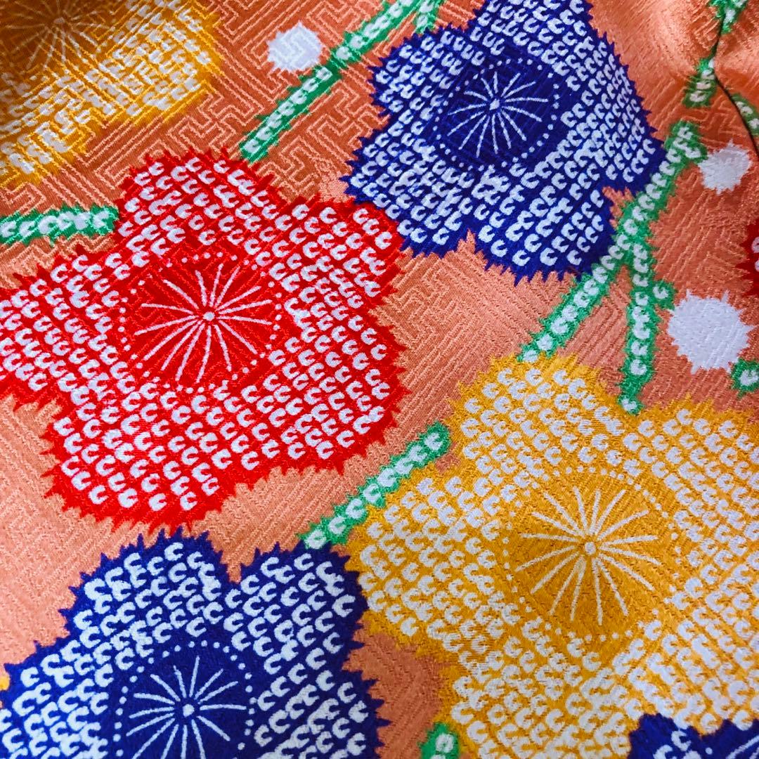 七五三豪華正絹7歳フルセット‼️可愛いオレンジ絞り柄花々煌びやか際立つ⭐︎作り帯付き