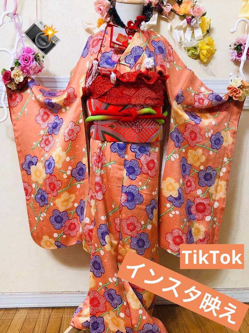 七五三豪華正絹7歳フルセット‼️可愛いオレンジ絞り柄花々煌びやか際立つ⭐︎作り帯付き